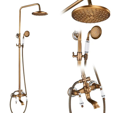 Antique brass rainfall shower faucet set with shelf and handheld shower