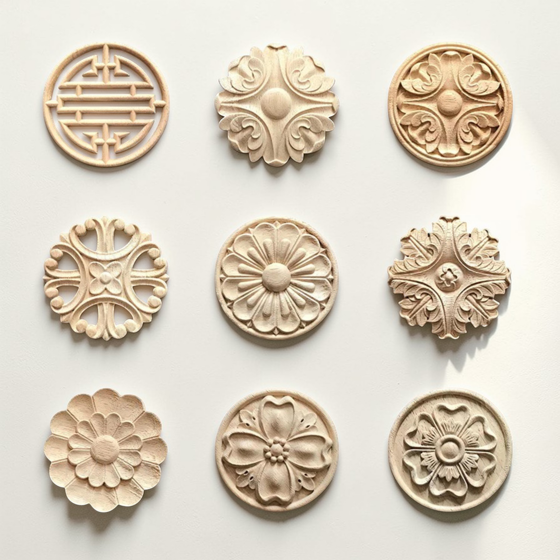 Round and oval vintage floral wood carving rosettes on white background - Raw natural wood.