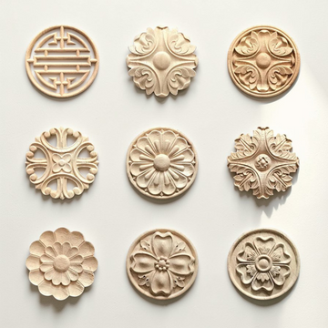 Round and oval vintage floral wood carving rosettes on white background - Raw natural wood.