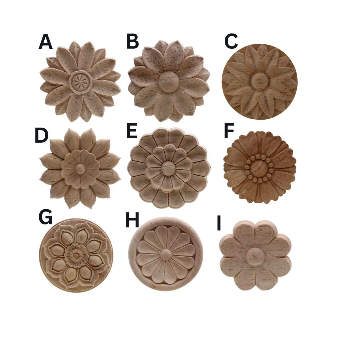 Unpainted round rosette floral wood applique made from natural rubber wood for cabinet and furniture decor