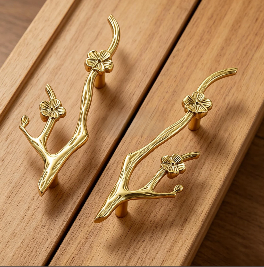BLOSSOM solid brass flower branch cabinet pull handles in polished gold — sculptural botanical drawer hardware