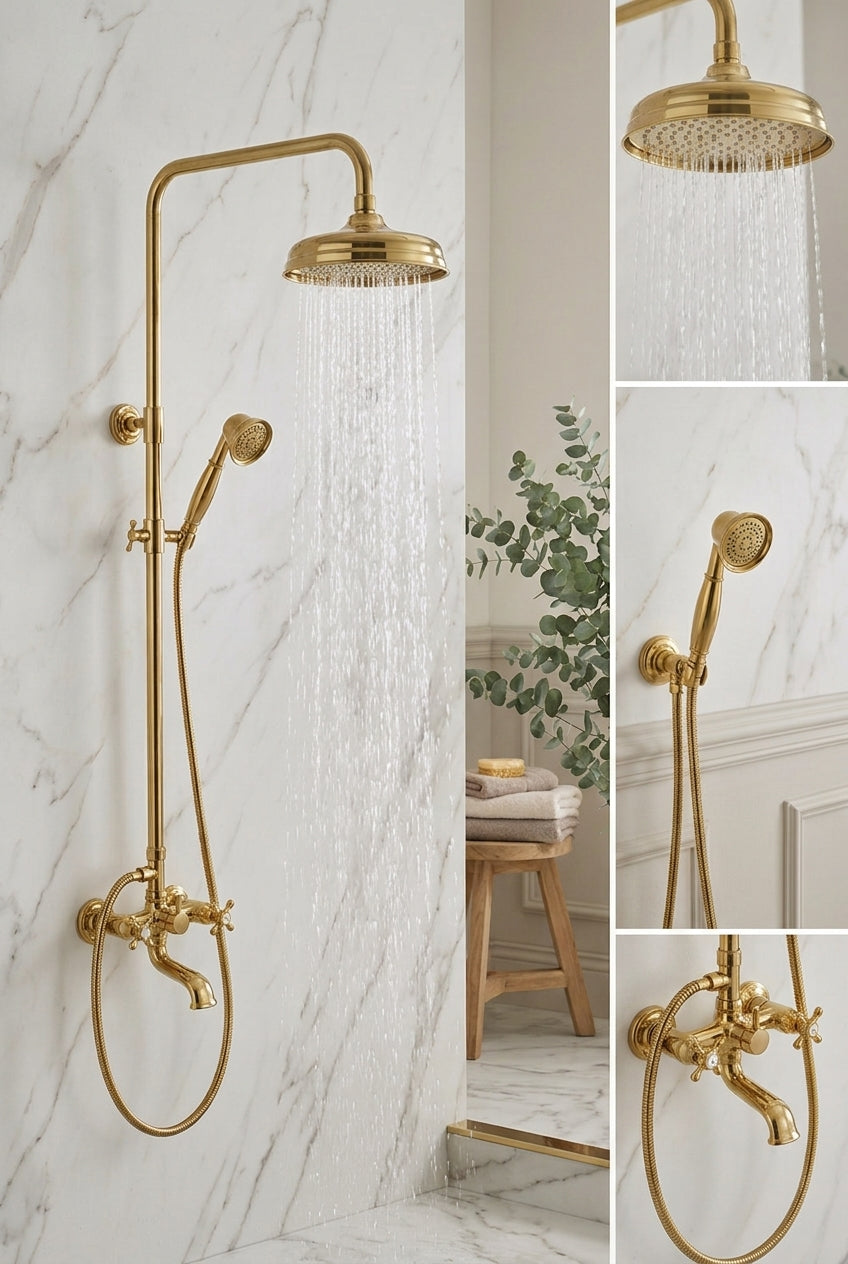 Gold-finished wall-mounted shower system with a round overhead shower head, handheld shower, flexible hose, and control valves, shown installed in a bathroom with water running. Two inset detail views on the left show the shower head underside and the faucet handle close-up.