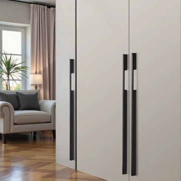 LINEA long flat bar cabinet handles in matte black and brushed gold — modern aluminium kitchen and wardrobe pulls