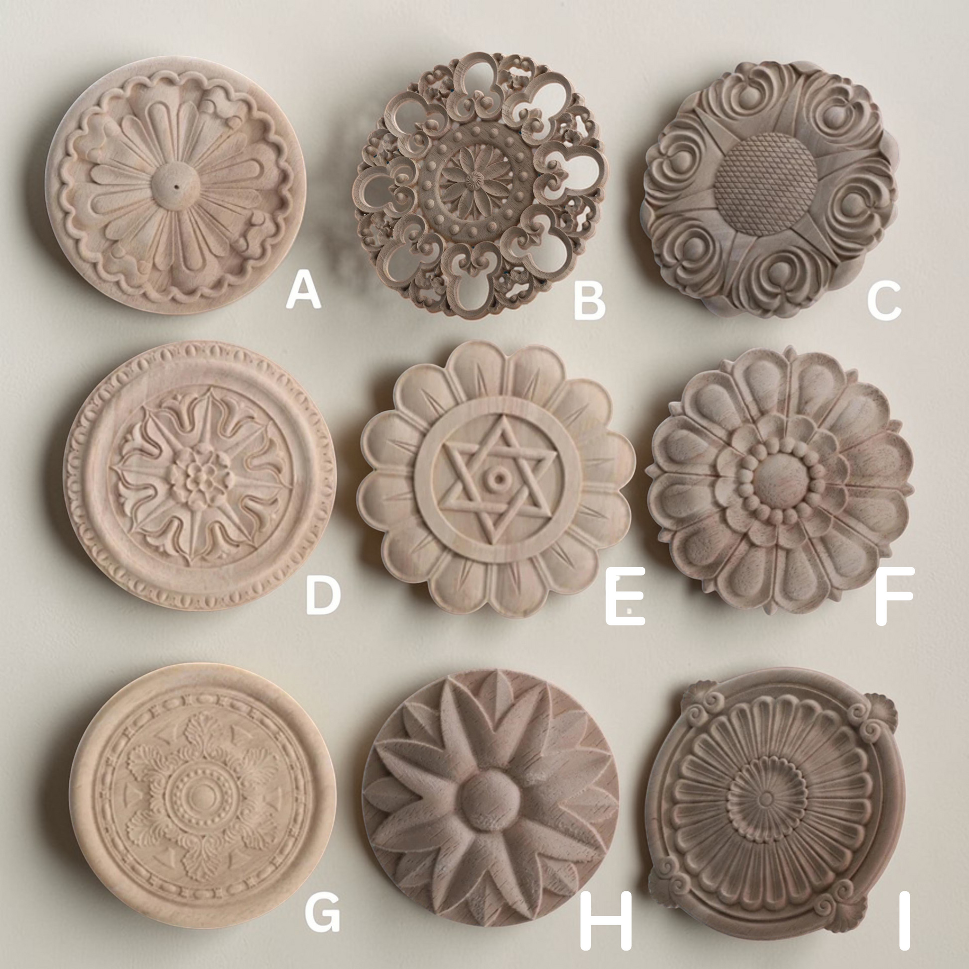 2" to 16" Round Rosettes Applique Onlay,Flower Wood Carving Natural Wood Appliques, Unpainted Square Wood Applique Onlay, Unpainted Wooden
