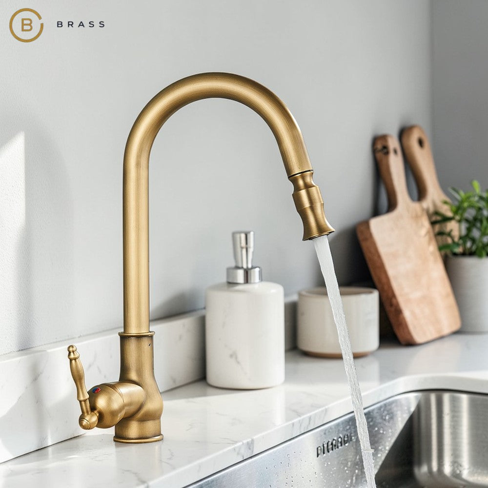 Antique Brass Kitchen Faucet Pull Down Sprayer