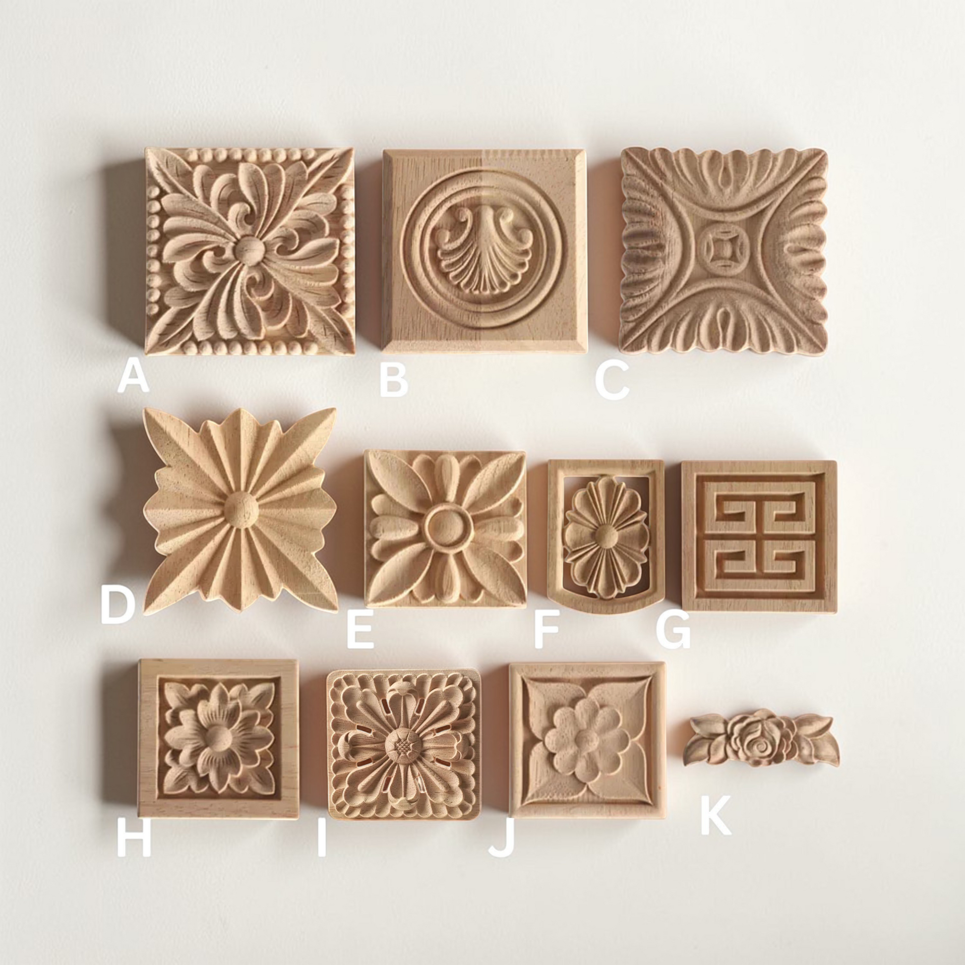 Unpainted Exquisite square, Flower Wood Carving Natural Wood Appliques, Unpainted Square Wood Applique Onlay