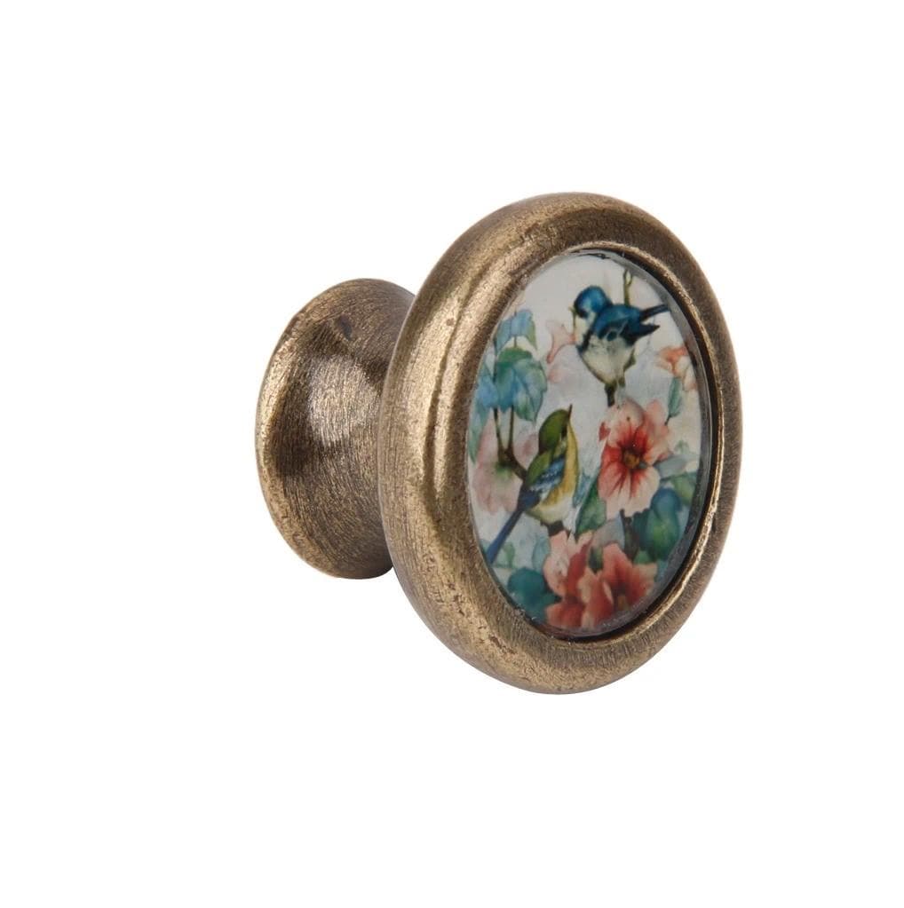 Vintage brass cabinet knob with birds and floral decorative design