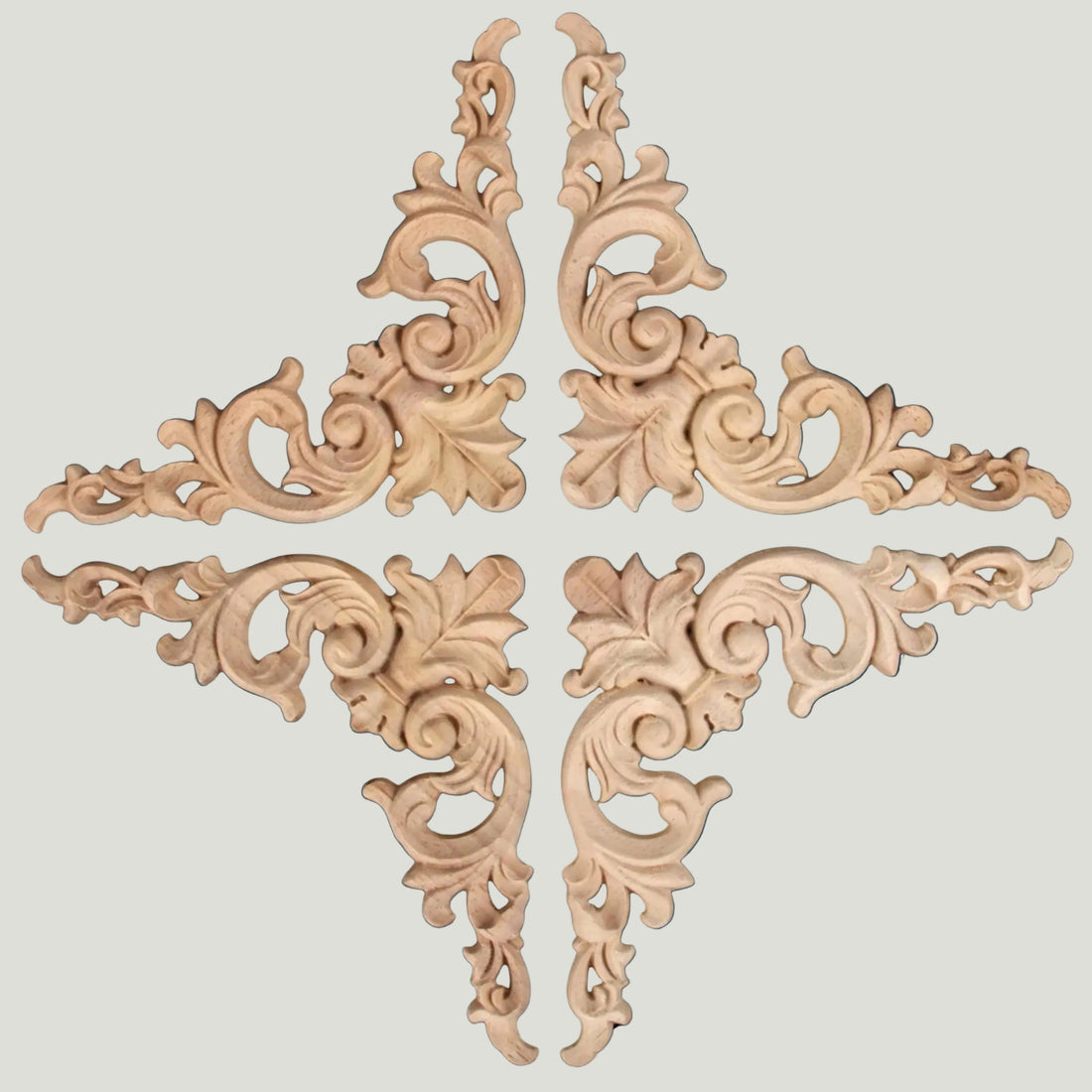 Set of 4 floral wood carved corner stickers for symmetrical furniture decoration.