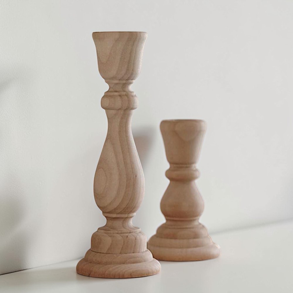 Unfinished natural wood candle holders for rustic wedding table decor

