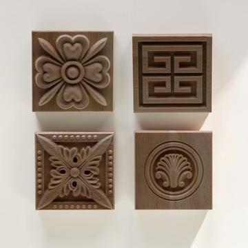 Square floral wood carving applique for furniture and wall decoration.
