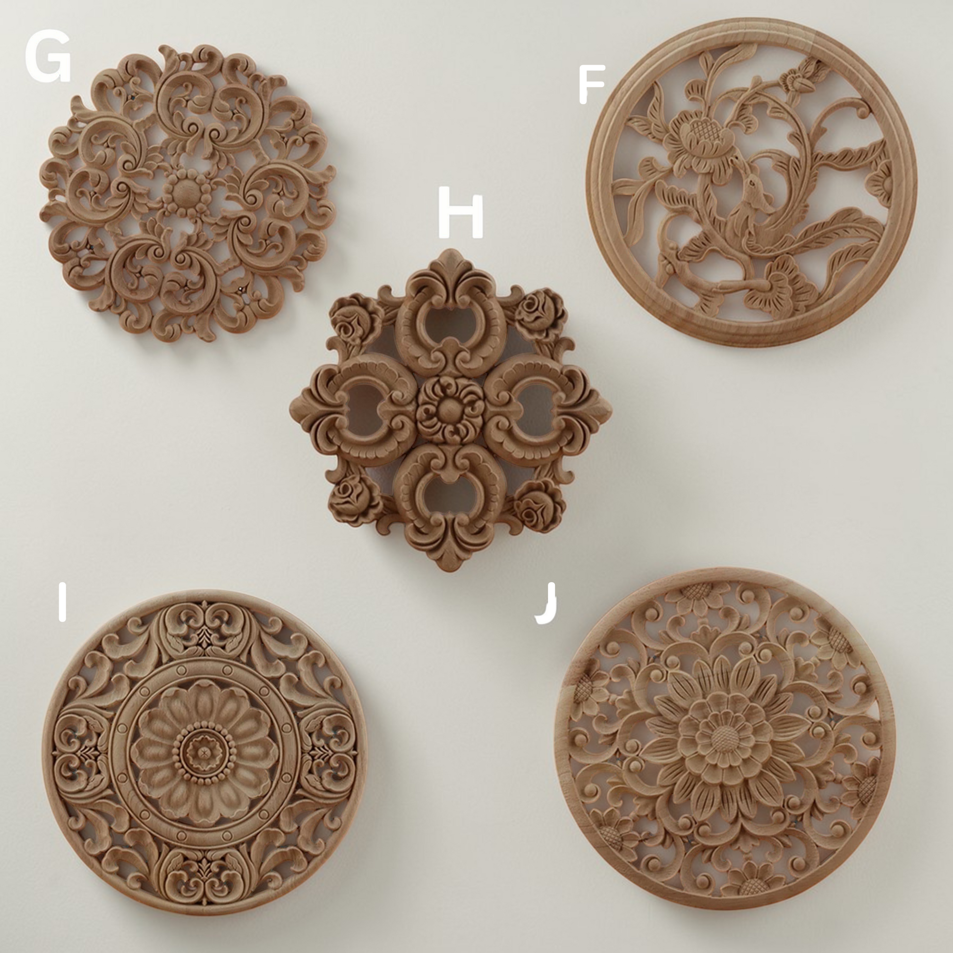 A large 40cm rose wood carving installed as a central decoration on a classic white cabinet.
