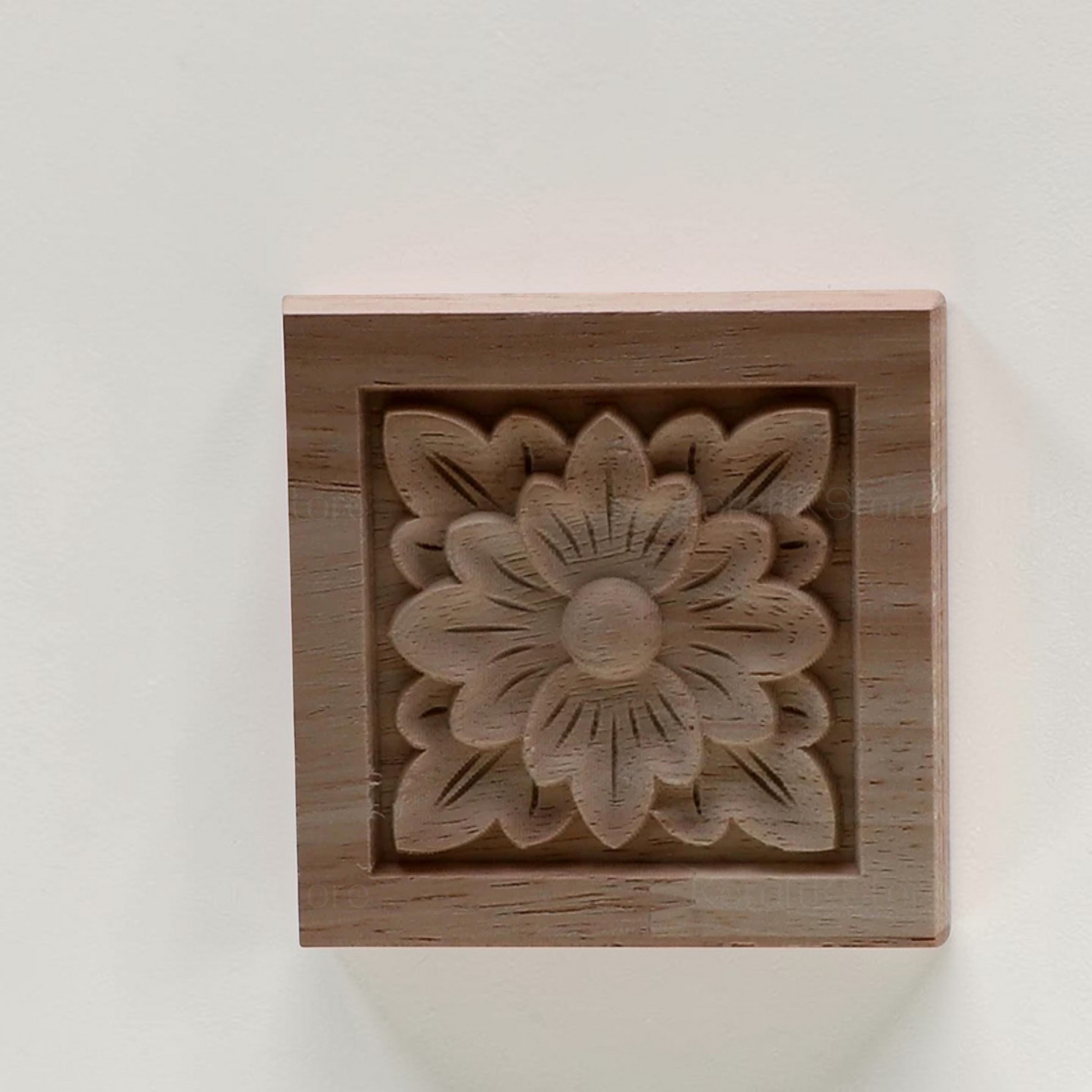 Retro molding wood applique wood sticker, Flower Wood Carving Natural Wood Appliques, Unpainted Square Wood Applique Onlay