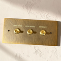 Custom labeled retro brass toggle switch plate

Aged brass dimmer switch with engraved labels

Vintage brass wall switch plate for kitchen and hallway

Solid brass labeled switch cover for luxury interiors