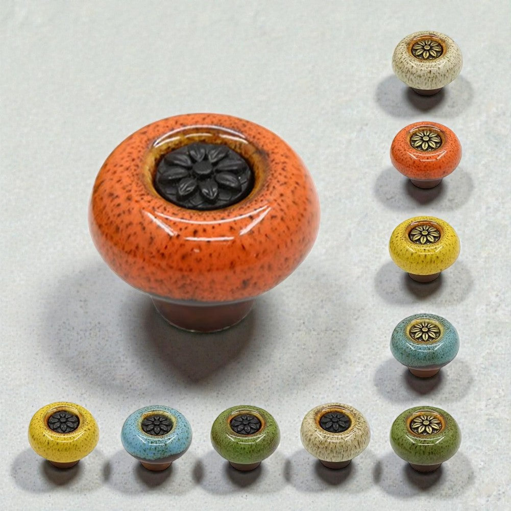 Side angle of handmade retro flower ceramic knob for drawers and cabinets