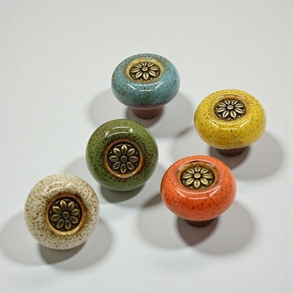 Close-up of hand-painted retro flower ceramic knob showing gold detailing